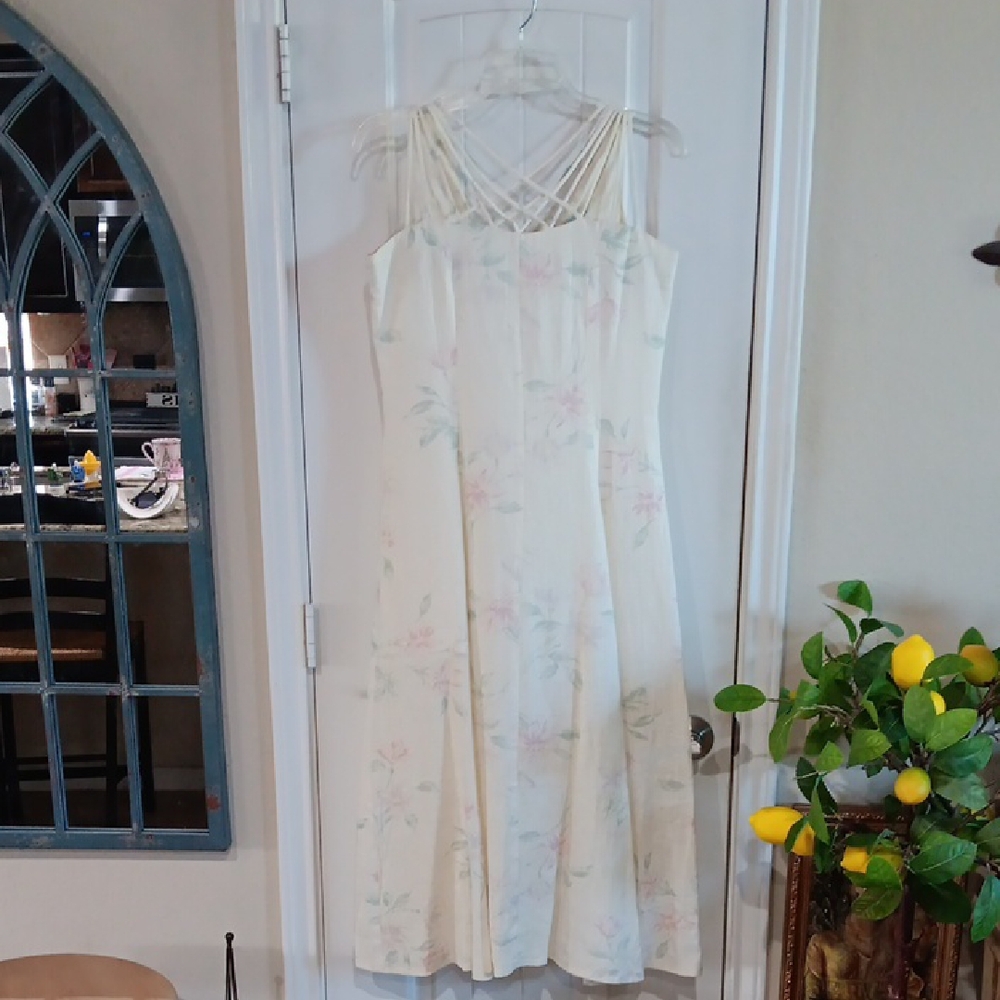 Vintage TOMMY JEANS Floral Strappy Back Linen Cotton Blend Midi Dress Y2K 90s